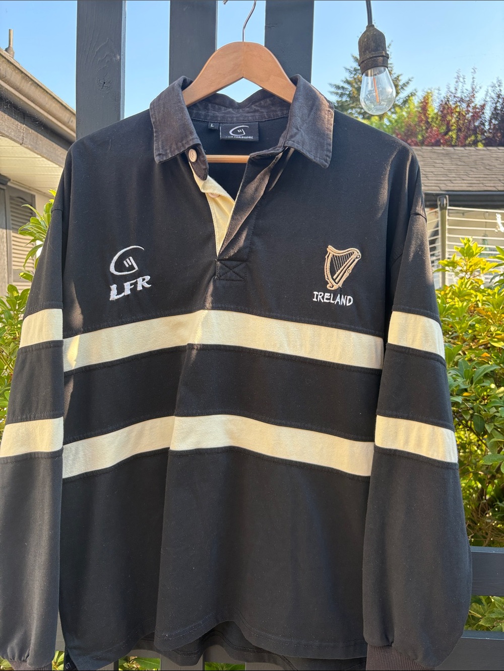 Ireland Rugby-Style Black & Cream Striped Long-Sleeve jersey Polo Shirt